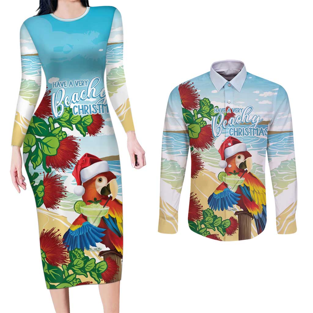 Have A Very Beach Christmas Couples Matching Long Sleeve Bodycon Dress and Long Sleeve Button Shirt Parrot By Lehua Flower LT7 Art - Polynesian Pride