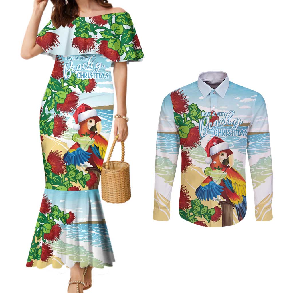 Have A Very Beach Christmas Couples Matching Mermaid Dress and Long Sleeve Button Shirt Parrot By Lehua Flower LT7 Art - Polynesian Pride