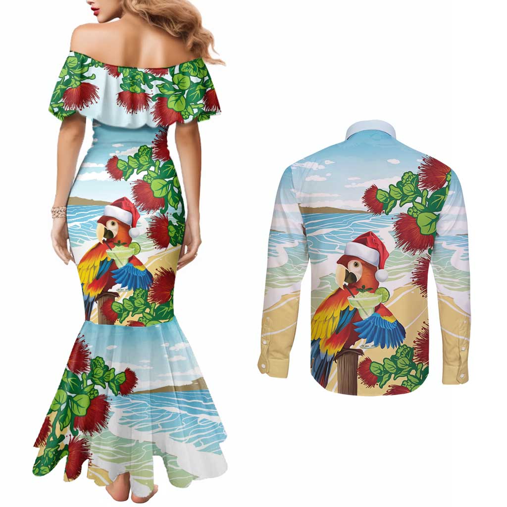 Have A Very Beach Christmas Couples Matching Mermaid Dress and Long Sleeve Button Shirt Parrot By Lehua Flower LT7 - Polynesian Pride