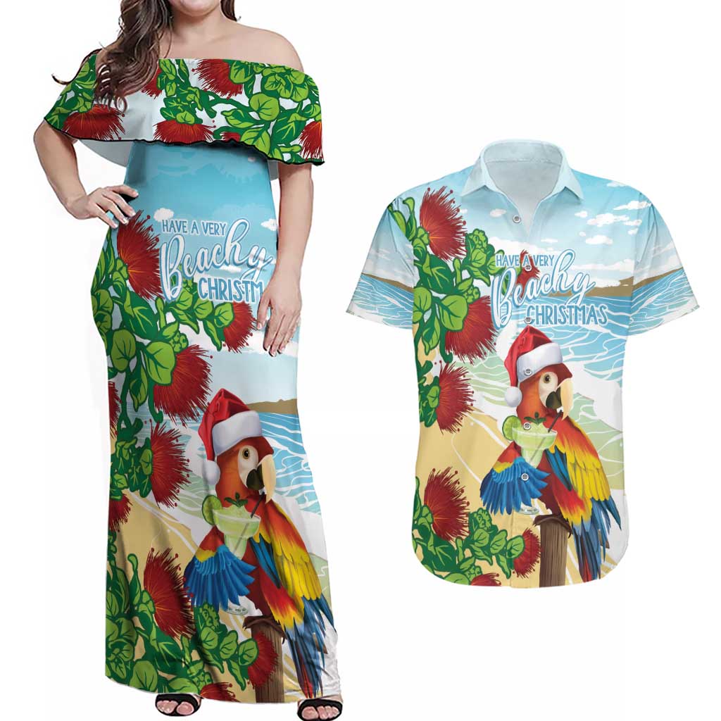 Have A Very Beach Christmas Couples Matching Off Shoulder Maxi Dress and Hawaiian Shirt Parrot By Lehua Flower LT7 Art - Polynesian Pride