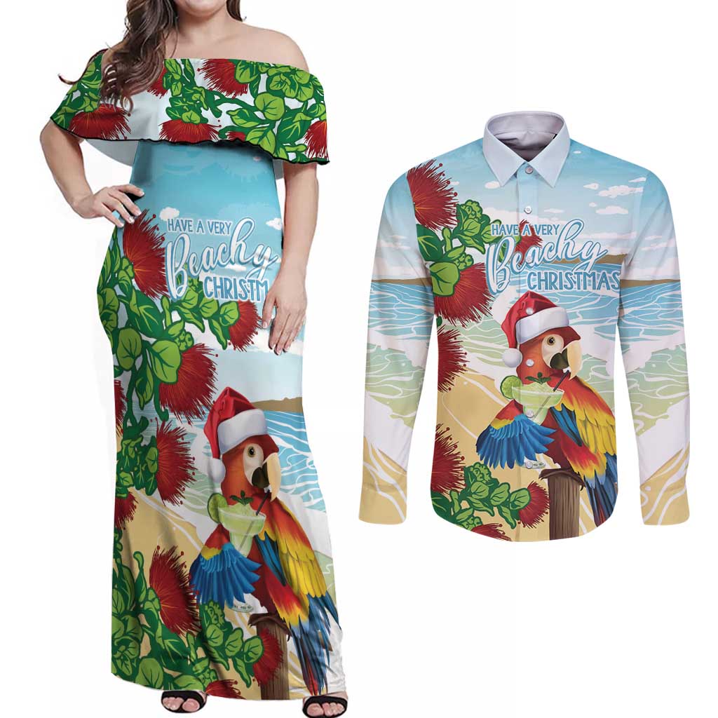 Have A Very Beach Christmas Couples Matching Off Shoulder Maxi Dress and Long Sleeve Button Shirt Parrot By Lehua Flower LT7 Art - Polynesian Pride