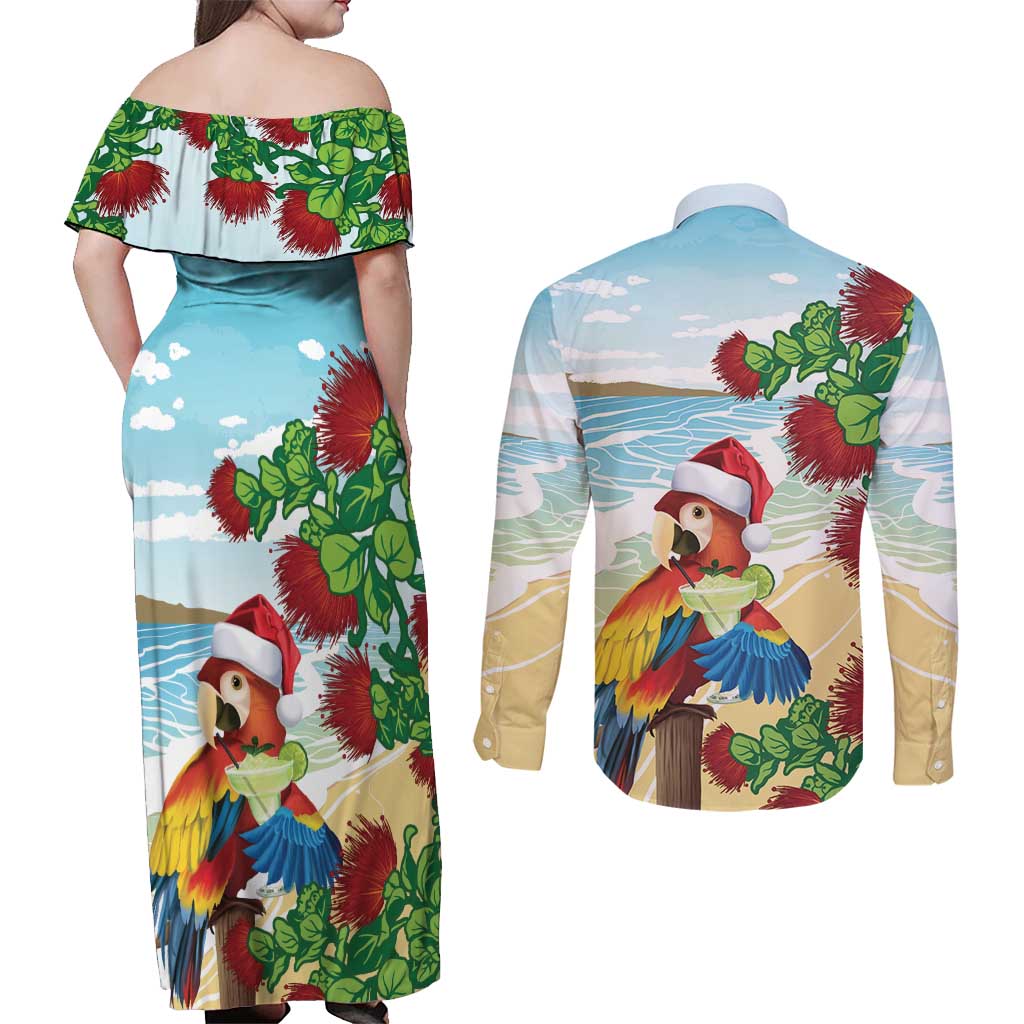 Have A Very Beach Christmas Couples Matching Off Shoulder Maxi Dress and Long Sleeve Button Shirt Parrot By Lehua Flower LT7 - Polynesian Pride