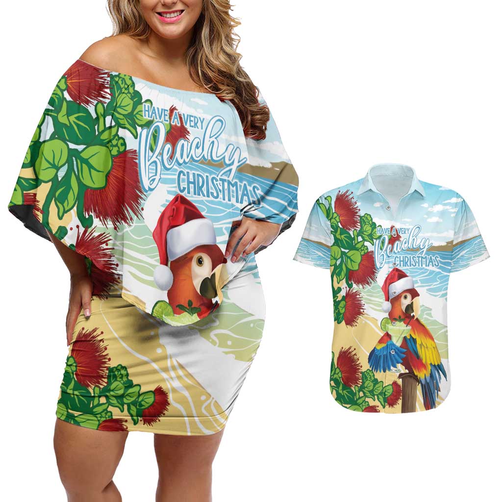Have A Very Beach Christmas Couples Matching Off Shoulder Short Dress and Hawaiian Shirt Parrot By Lehua Flower LT7 Art - Polynesian Pride