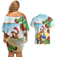 Have A Very Beach Christmas Couples Matching Off Shoulder Short Dress and Hawaiian Shirt Parrot By Lehua Flower LT7 - Polynesian Pride