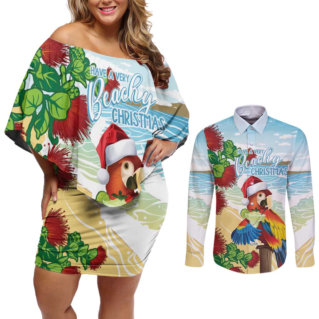 Have A Very Beach Christmas Couples Matching Off Shoulder Short Dress and Long Sleeve Button Shirt Parrot By Lehua Flower LT7 Art - Polynesian Pride