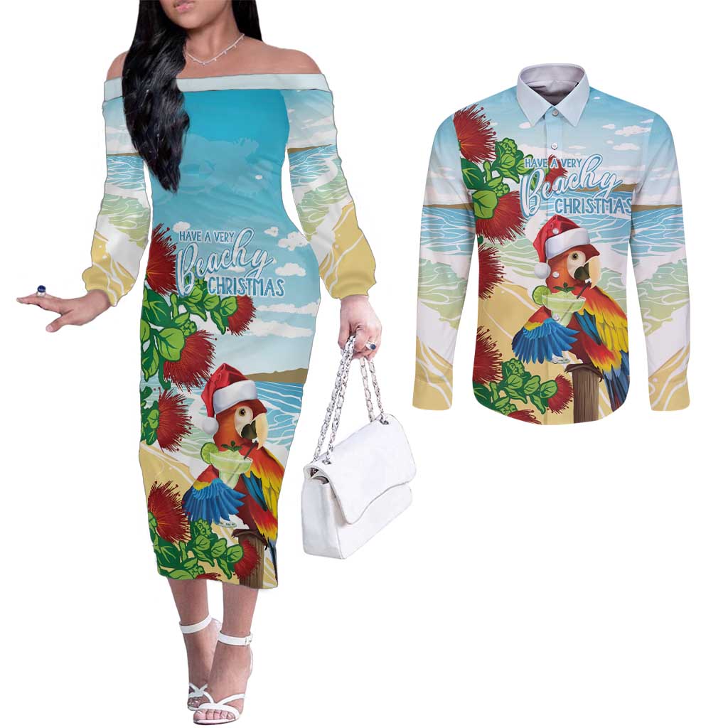 Have A Very Beach Christmas Couples Matching Off The Shoulder Long Sleeve Dress and Long Sleeve Button Shirt Parrot By Lehua Flower LT7 Art - Polynesian Pride