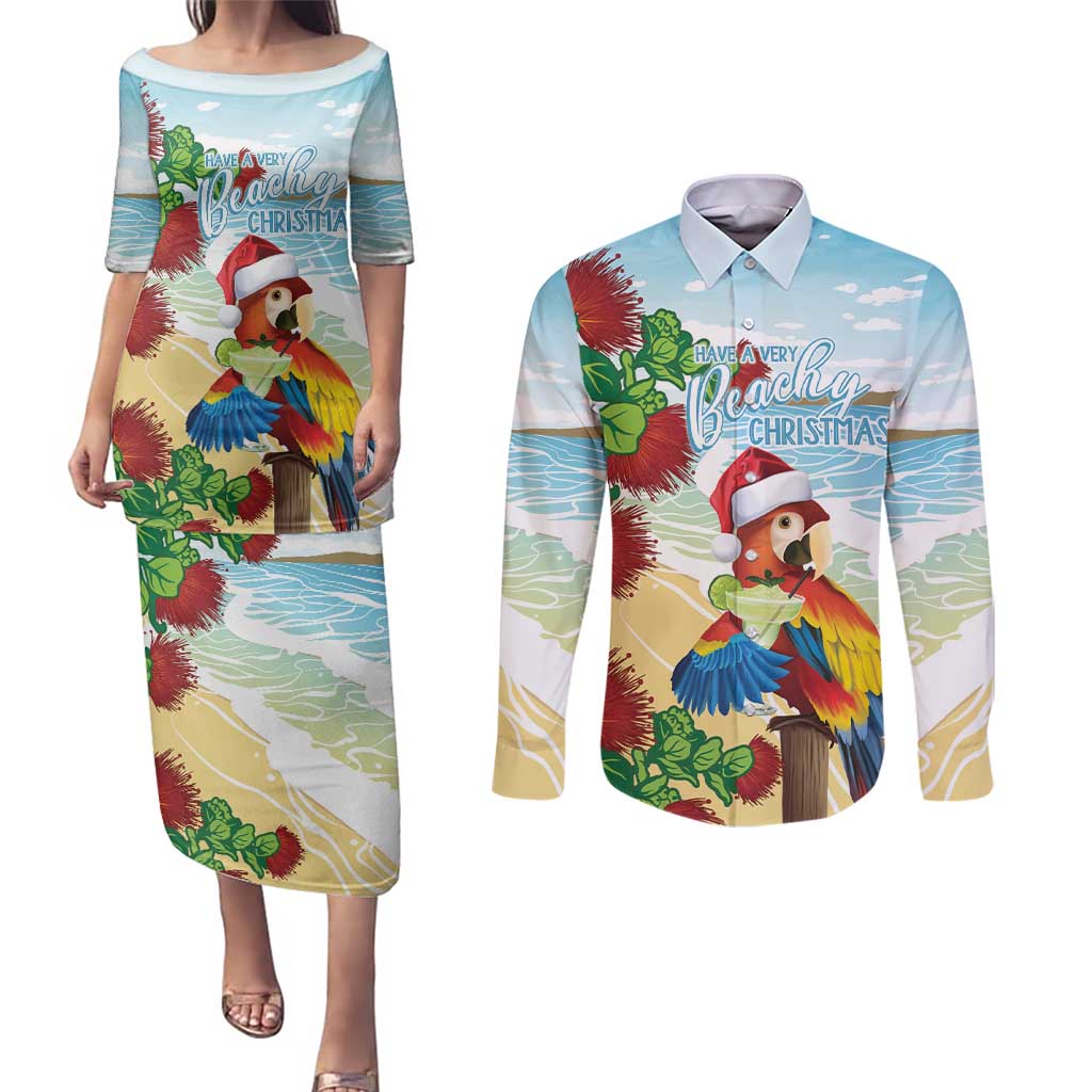 Have A Very Beach Christmas Couples Matching Puletasi and Long Sleeve Button Shirt Parrot By Lehua Flower LT7 Art - Polynesian Pride