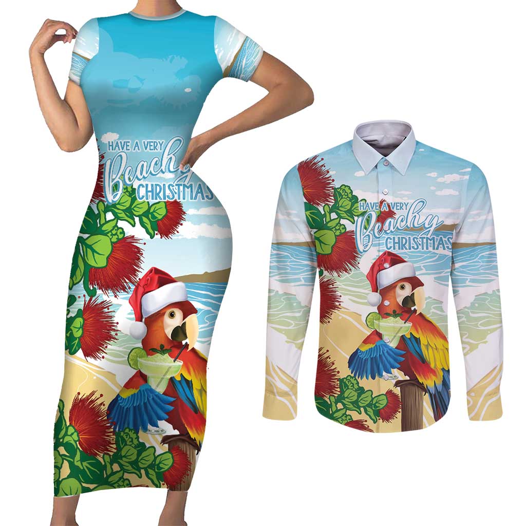 Have A Very Beach Christmas Couples Matching Short Sleeve Bodycon Dress and Long Sleeve Button Shirt Parrot By Lehua Flower LT7 Art - Polynesian Pride