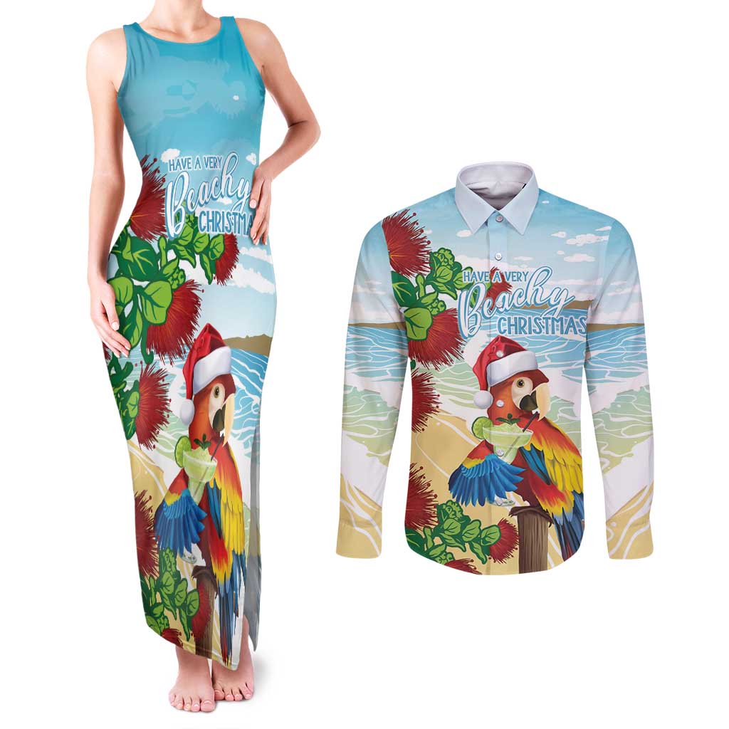 Have A Very Beach Christmas Couples Matching Tank Maxi Dress and Long Sleeve Button Shirt Parrot By Lehua Flower LT7 Art - Polynesian Pride