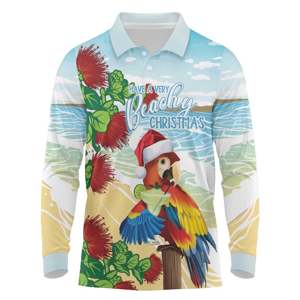 Have A Very Beach Christmas Long Sleeve Polo Shirt Parrot By Lehua Flower LT7 Art - Polynesian Pride