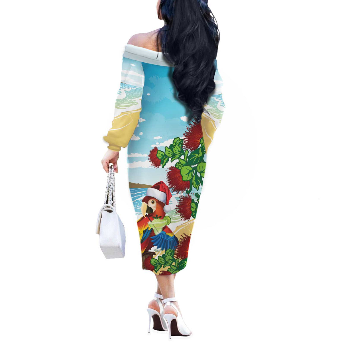 Have A Very Beach Christmas Off The Shoulder Long Sleeve Dress Parrot By Lehua Flower LT7 - Polynesian Pride