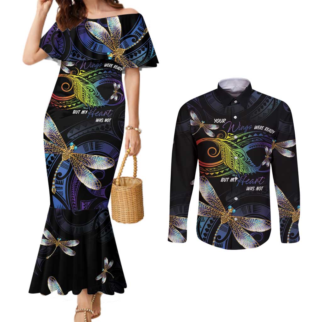 Personalised Polynesian Memorial Couples Matching Mermaid Dress and Long Sleeve Button Shirt Your Wings Were Ready But My Heart Was Not