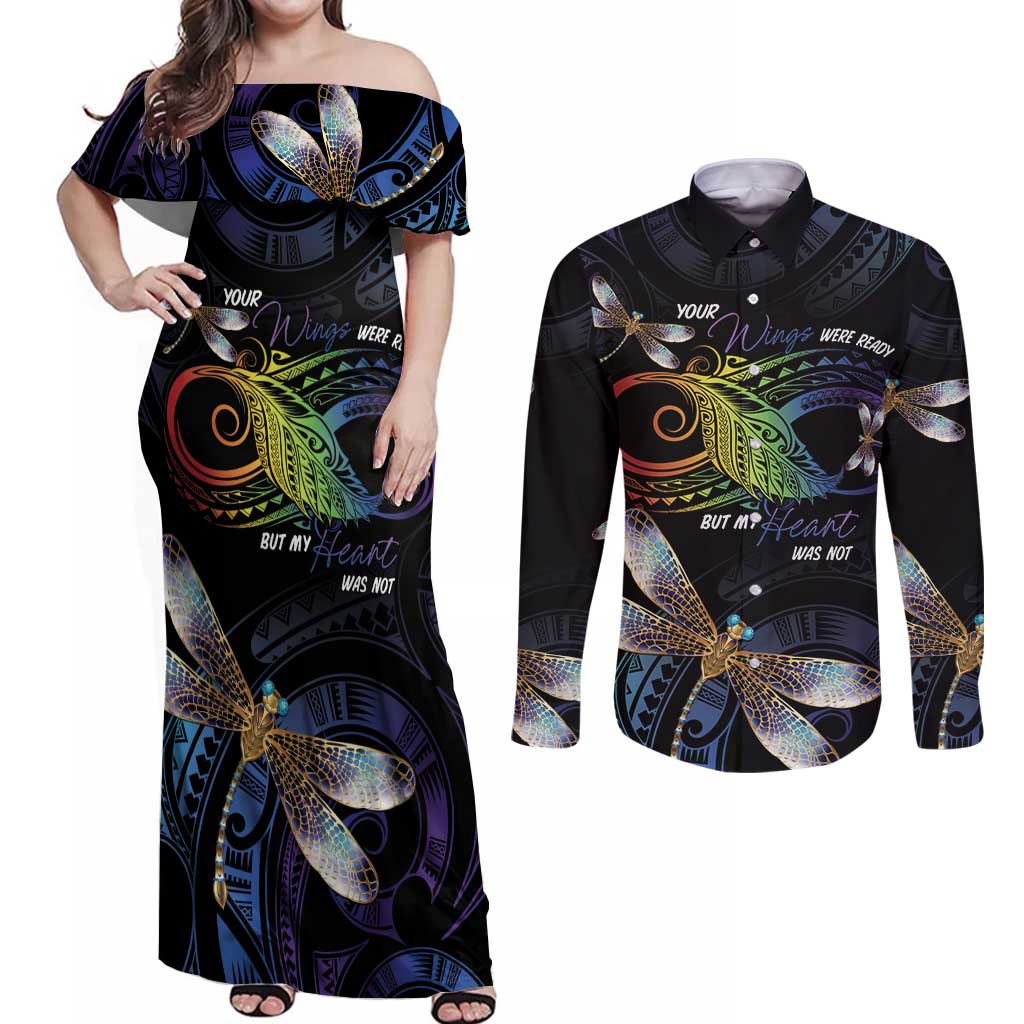 Personalised Polynesian Memorial Couples Matching Off Shoulder Maxi Dress and Long Sleeve Button Shirt Your Wings Were Ready But My Heart Was Not LT7 Black - Polynesian Pride