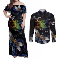 Personalised Polynesian Memorial Couples Matching Off Shoulder Maxi Dress and Long Sleeve Button Shirt Your Wings Were Ready But My Heart Was Not LT7 Black - Polynesian Pride