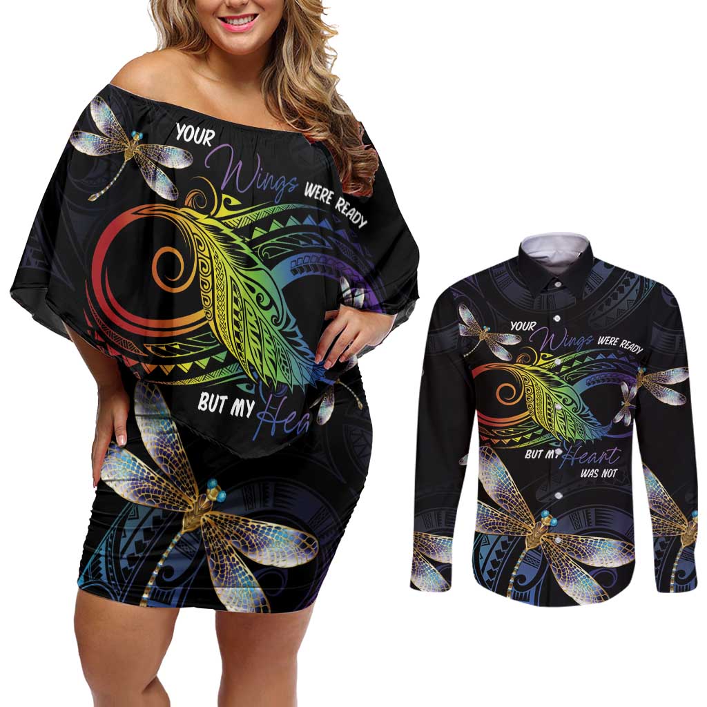 Personalised Polynesian Memorial Couples Matching Off Shoulder Short Dress and Long Sleeve Button Shirt Your Wings Were Ready But My Heart Was Not LT7 Black - Polynesian Pride