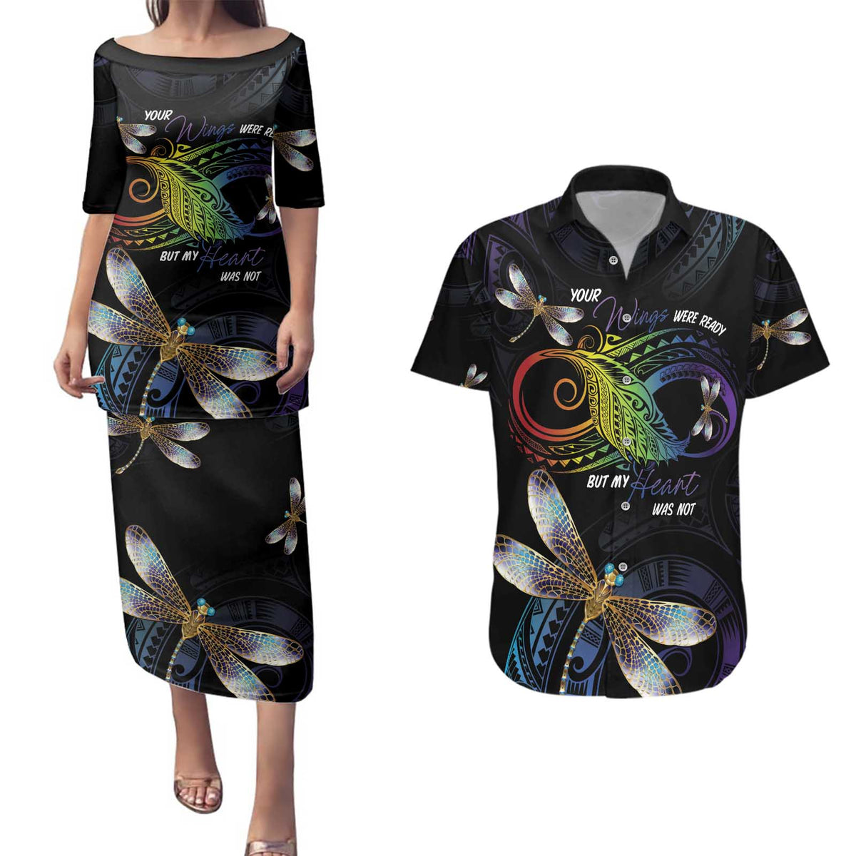 Personalised Polynesian Memorial Couples Matching Puletasi and Hawaiian Shirt Your Wings Were Ready But My Heart Was Not LT7 Black - Polynesian Pride