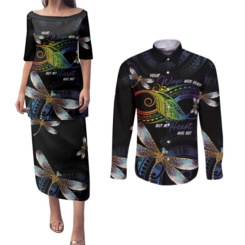 Personalised Polynesian Memorial Couples Matching Puletasi and Long Sleeve Button Shirt Your Wings Were Ready But My Heart Was Not LT7 Black - Polynesian Pride