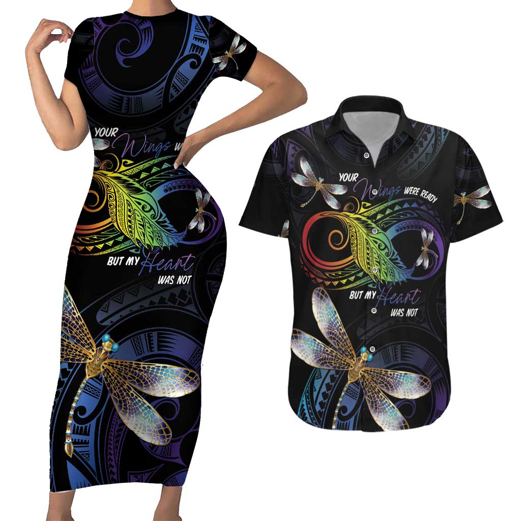Personalised Polynesian Memorial Couples Matching Short Sleeve Bodycon Dress and Hawaiian Shirt Your Wings Were Ready But My Heart Was Not LT7 Black - Polynesian Pride