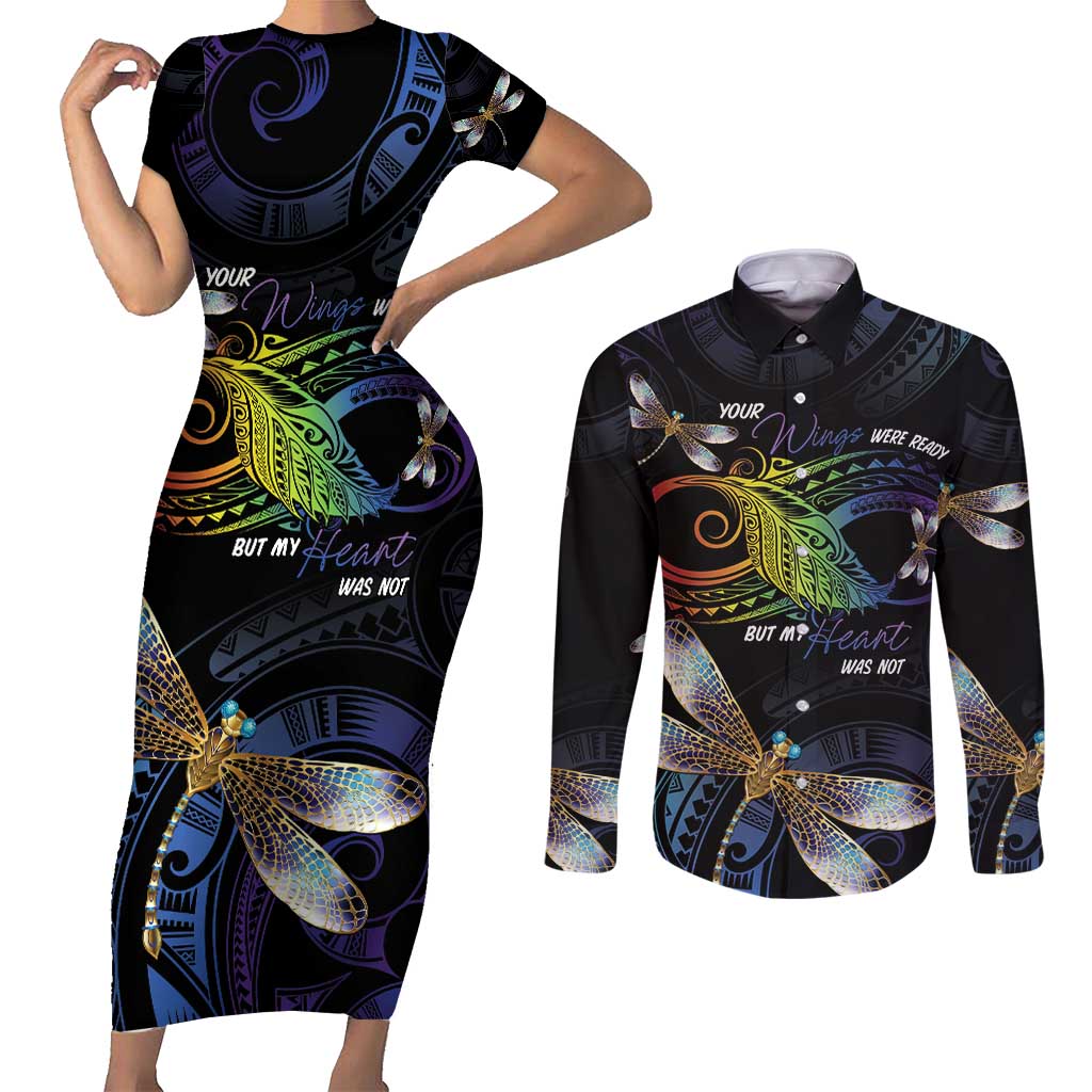 Personalised Polynesian Memorial Couples Matching Short Sleeve Bodycon Dress and Long Sleeve Button Shirt Your Wings Were Ready But My Heart Was Not LT7 Black - Polynesian Pride