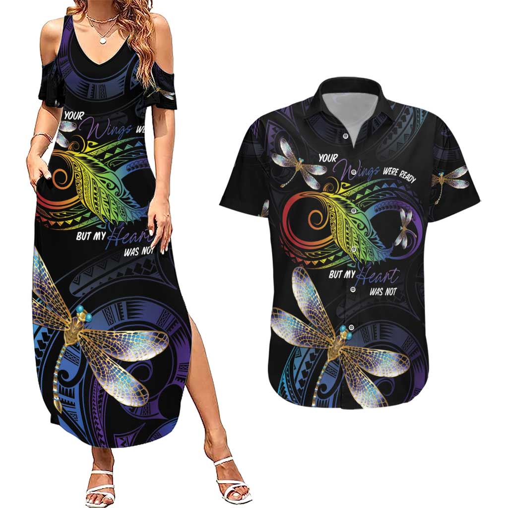 Personalised Polynesian Memorial Couples Matching Summer Maxi Dress and Hawaiian Shirt Your Wings Were Ready But My Heart Was Not LT7 Black - Polynesian Pride