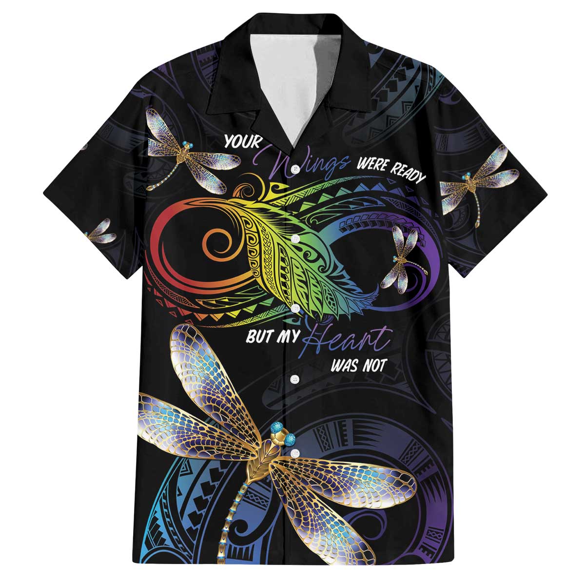 Personalised Polynesian Memorial Family Matching Off The Shoulder Long Sleeve Dress and Hawaiian Shirt Your Wings Were Ready But My Heart Was Not LT7 Dad's Shirt - Short Sleeve Black - Polynesian Pride