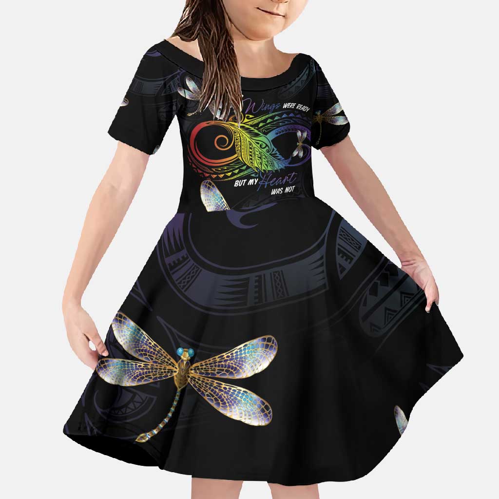 Personalised Polynesian Memorial Family Matching Off Shoulder Maxi Dress and Hawaiian Shirt Your Wings Were Ready But My Heart Was Not LT7 Daughter's Dress Black - Polynesian Pride