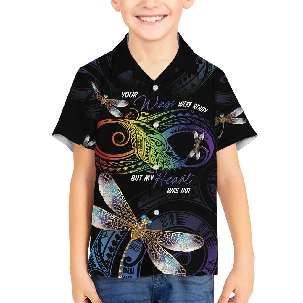 Personalised Polynesian Memorial Family Matching Tank Maxi Dress and Hawaiian Shirt Your Wings Were Ready But My Heart Was Not LT7 Son's Shirt Black - Polynesian Pride