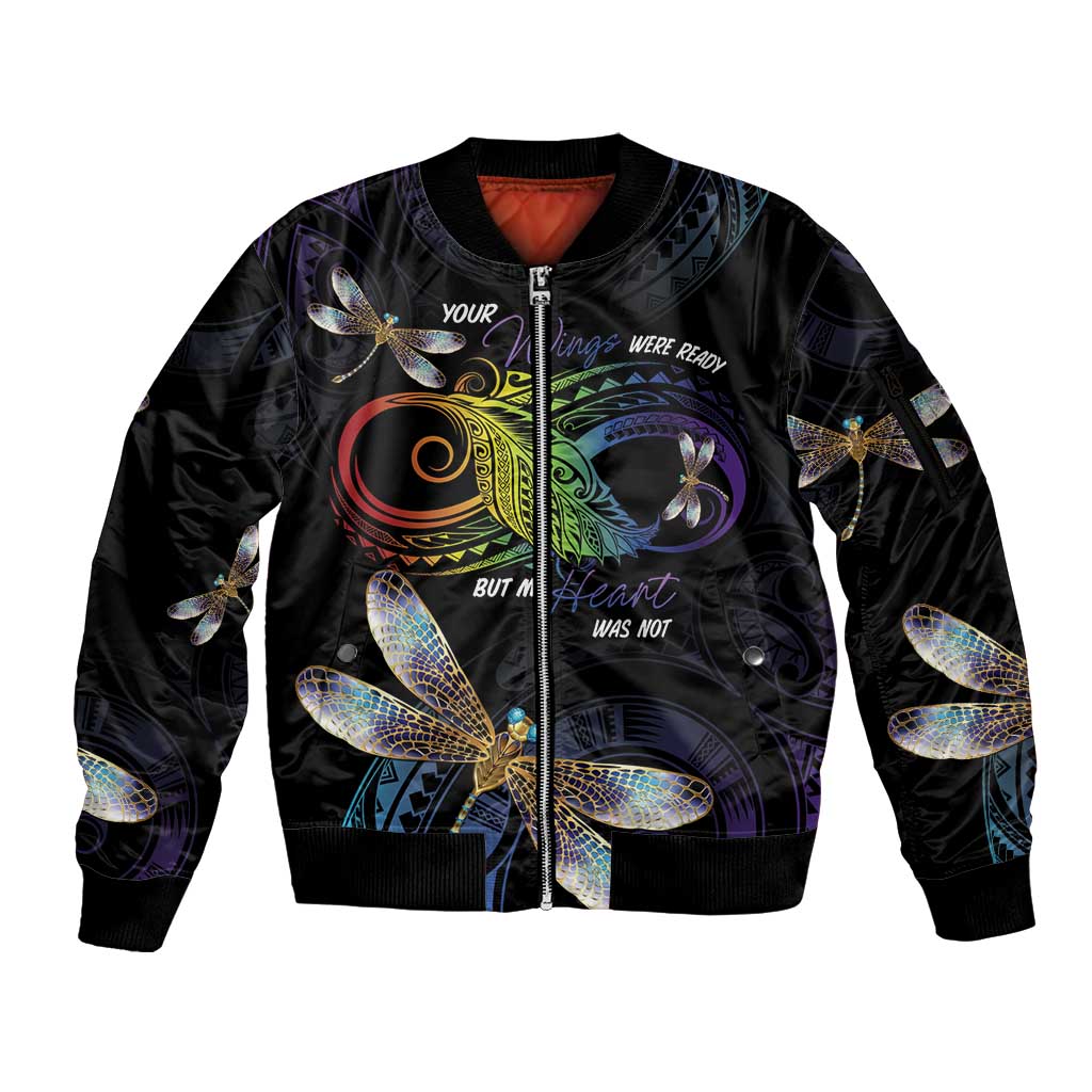 Personalised Polynesian Memorial Sleeve Zip Bomber Jacket Your Wings Were Ready But My Heart Was Not LT7 Unisex Black - Polynesian Pride
