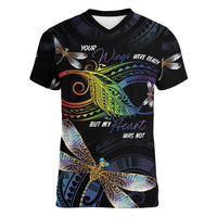 Personalised Polynesian Memorial Women V-Neck T-Shirt Your Wings Were Ready But My Heart Was Not LT7 Female Black - Polynesian Pride
