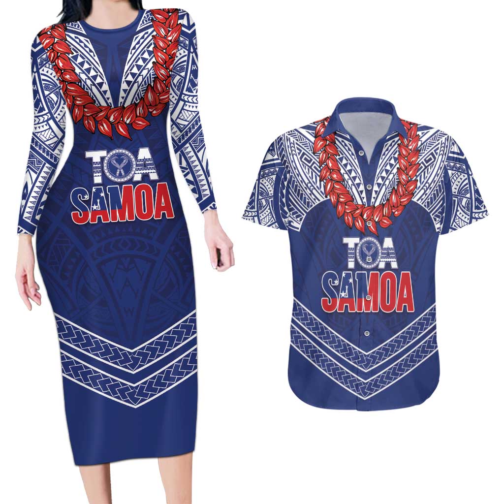 Toa Samoa Rugby Custom Couples Matching Long Sleeve Bodycon Dress and Hawaiian Shirt Ulafala Mix Nifo'oti LT7 Blue - Polynesian Pride