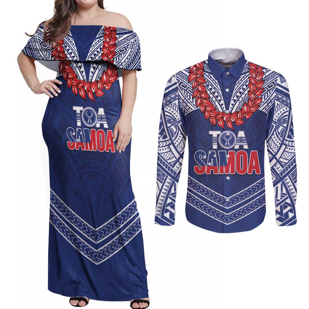 Toa Samoa Rugby Custom Couples Matching Off Shoulder Maxi Dress and Long Sleeve Button Shirt Ulafala Mix Nifo'oti LT7 Blue - Polynesian Pride