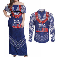 Toa Samoa Rugby Custom Couples Matching Off Shoulder Maxi Dress and Long Sleeve Button Shirt Ulafala Mix Nifo'oti LT7 Blue - Polynesian Pride