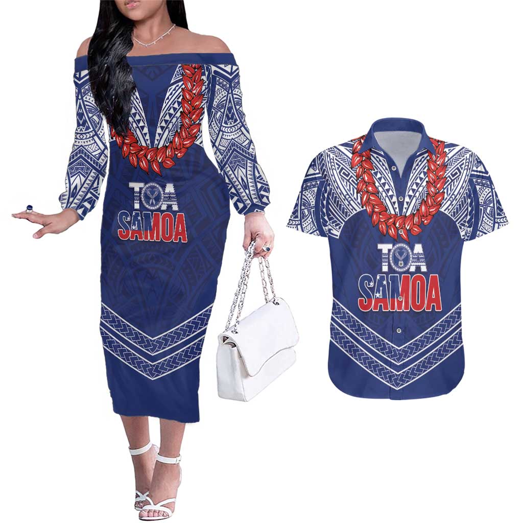Toa Samoa Rugby Custom Couples Matching Off The Shoulder Long Sleeve Dress and Hawaiian Shirt Ulafala Mix Nifo'oti LT7 Blue - Polynesian Pride