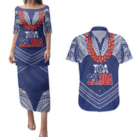 Toa Samoa Rugby Custom Couples Matching Puletasi and Hawaiian Shirt Ulafala Mix Nifo'oti LT7 Blue - Polynesian Pride