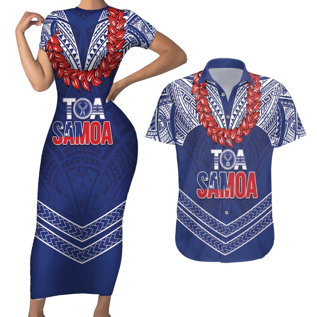 Toa Samoa Rugby Custom Couples Matching Short Sleeve Bodycon Dress and Hawaiian Shirt Ulafala Mix Nifo'oti LT7 Blue - Polynesian Pride