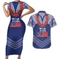 Toa Samoa Rugby Custom Couples Matching Short Sleeve Bodycon Dress and Hawaiian Shirt Ulafala Mix Nifo'oti LT7 Blue - Polynesian Pride