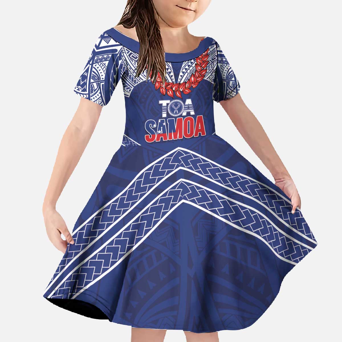 Toa Samoa Rugby Custom Family Matching Off The Shoulder Long Sleeve Dress and Hawaiian Shirt Ulafala Mix Nifo'oti LT7 Daughter's Dress Blue - Polynesian Pride