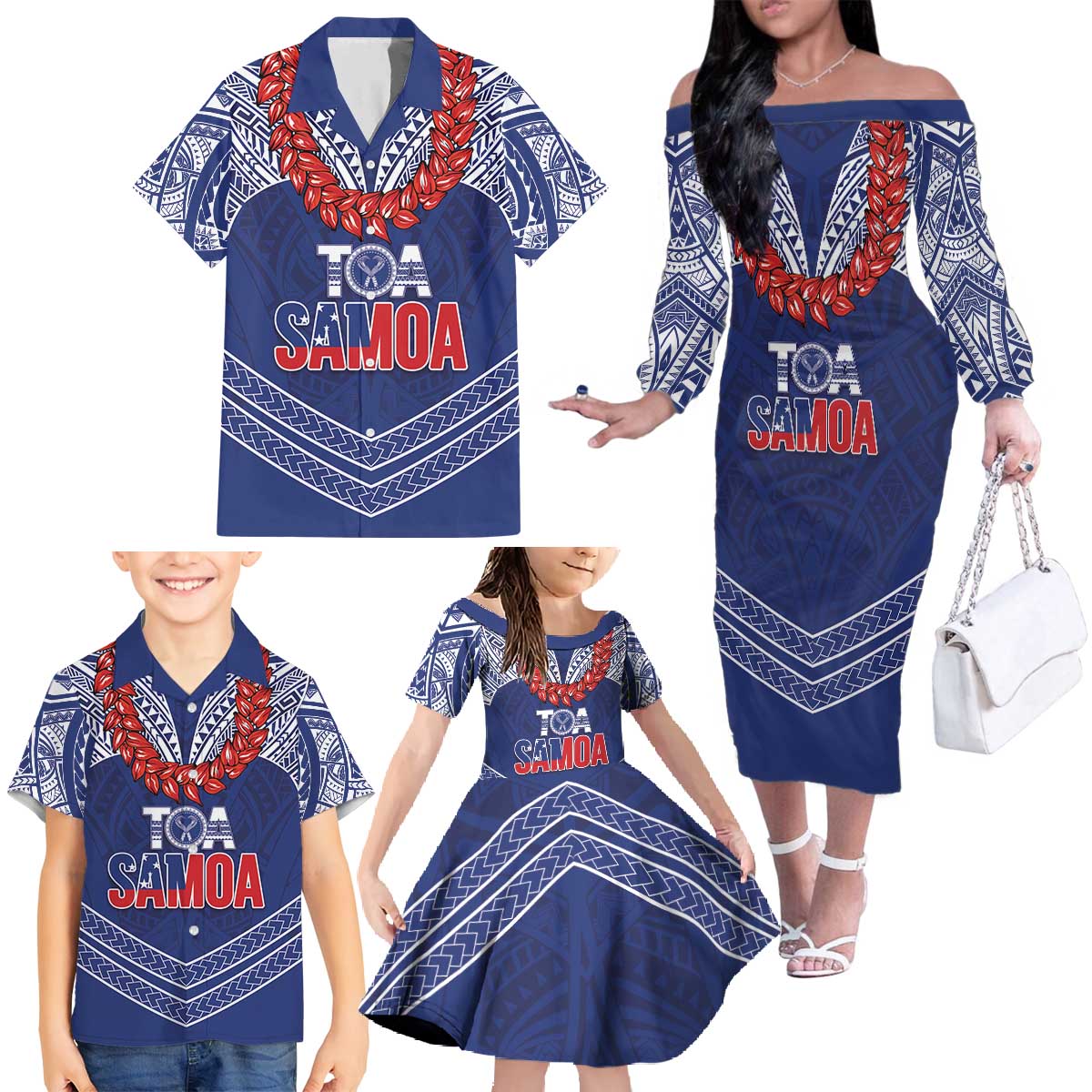 Toa Samoa Rugby Custom Family Matching Off The Shoulder Long Sleeve Dress and Hawaiian Shirt Ulafala Mix Nifo'oti LT7 - Polynesian Pride
