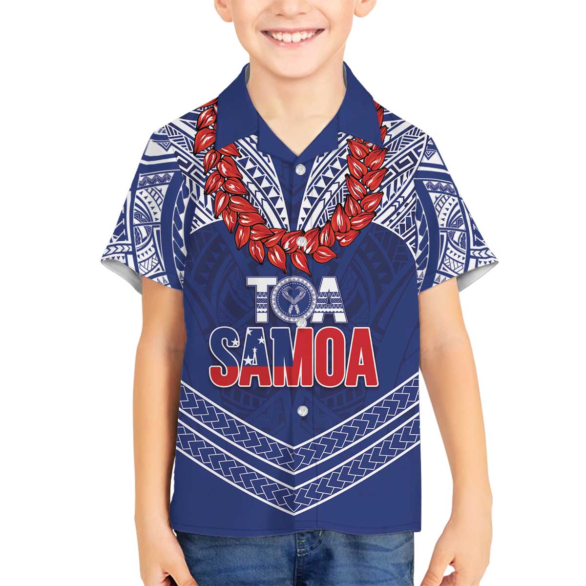 Toa Samoa Rugby Custom Family Matching Off The Shoulder Long Sleeve Dress and Hawaiian Shirt Ulafala Mix Nifo'oti LT7 Son's Shirt Blue - Polynesian Pride