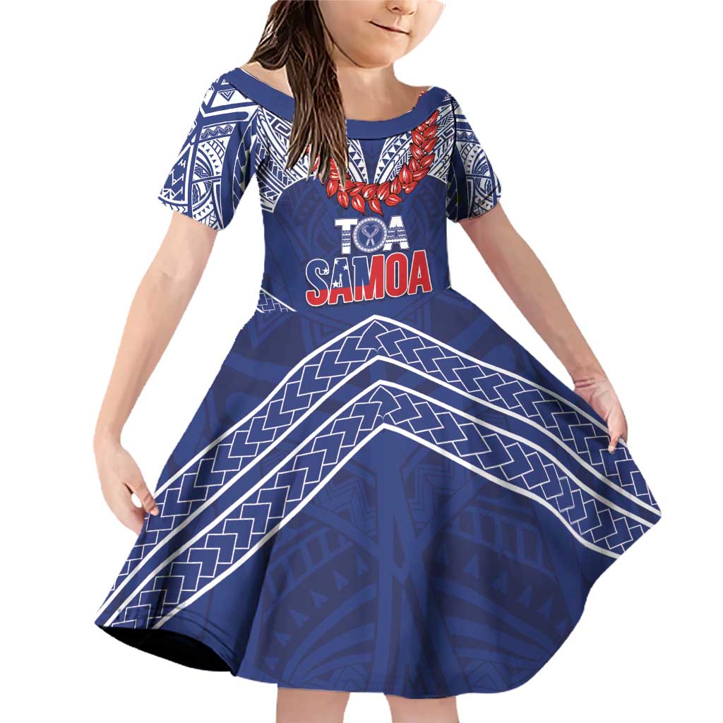 Toa Samoa Rugby Custom Family Matching Off Shoulder Short Dress and Hawaiian Shirt Ulafala Mix Nifo'oti LT7 Daughter's Dress Blue - Polynesian Pride