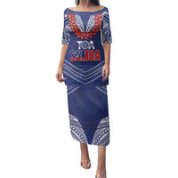 Toa Samoa Rugby Custom Family Matching Puletasi and Hawaiian Shirt Ulafala Mix Nifo'oti LT7 Mom's Dress Blue - Polynesian Pride