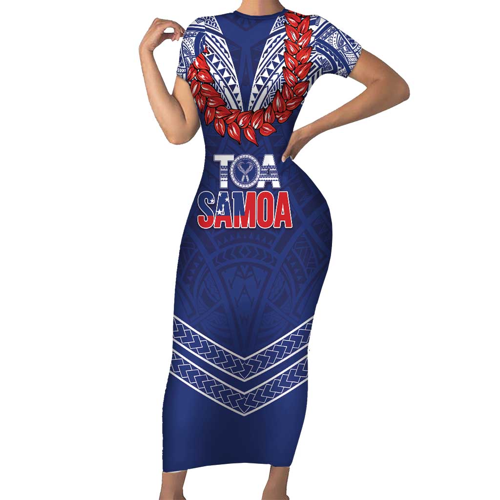 Toa Samoa Rugby Custom Family Matching Short Sleeve Bodycon Dress and Hawaiian Shirt Ulafala Mix Nifo'oti LT7 Mom's Dress Blue - Polynesian Pride