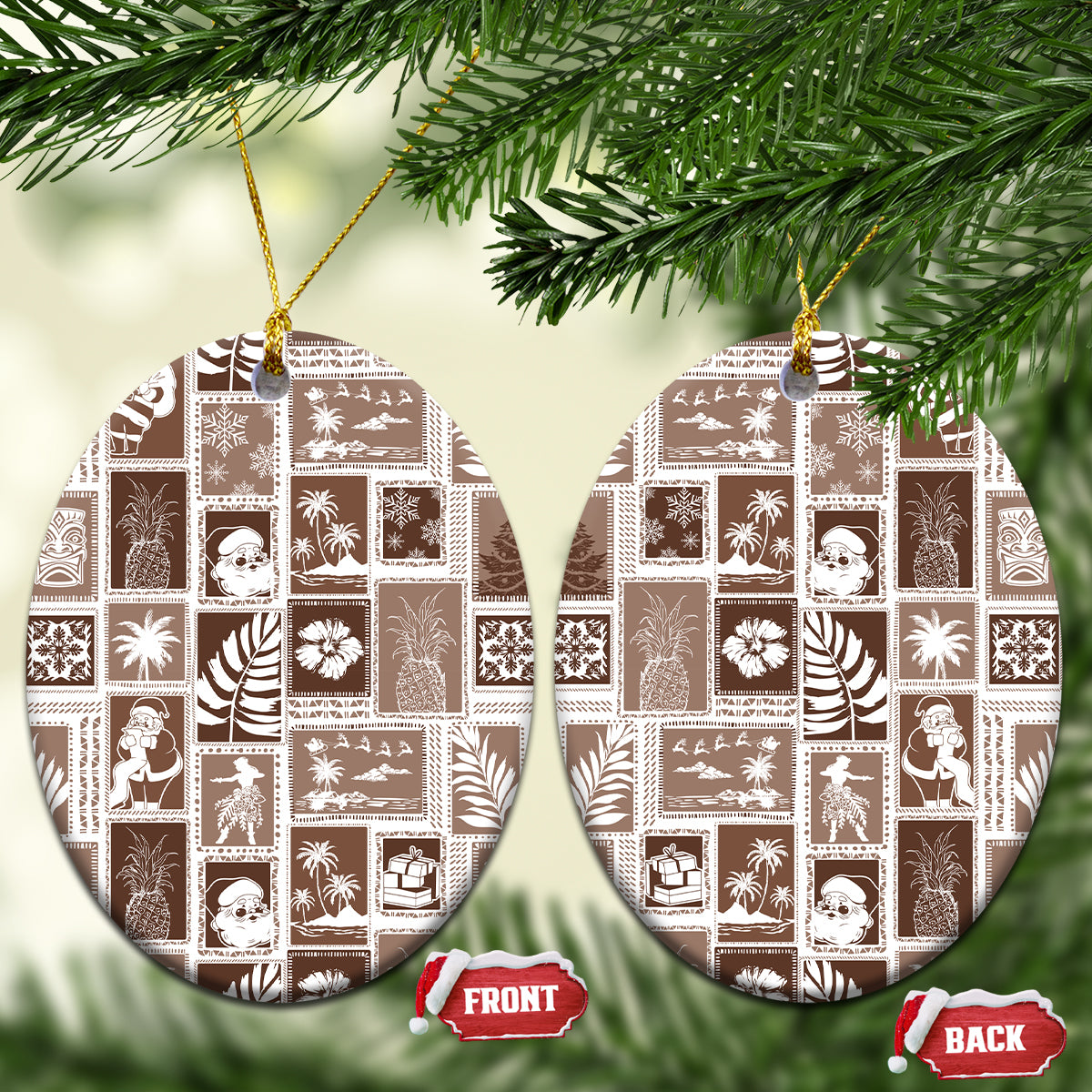 Hawaii Christmas Ceramic Ornament Retro Patchwork - Brown LT7 Oval Brown - Polynesian Pride