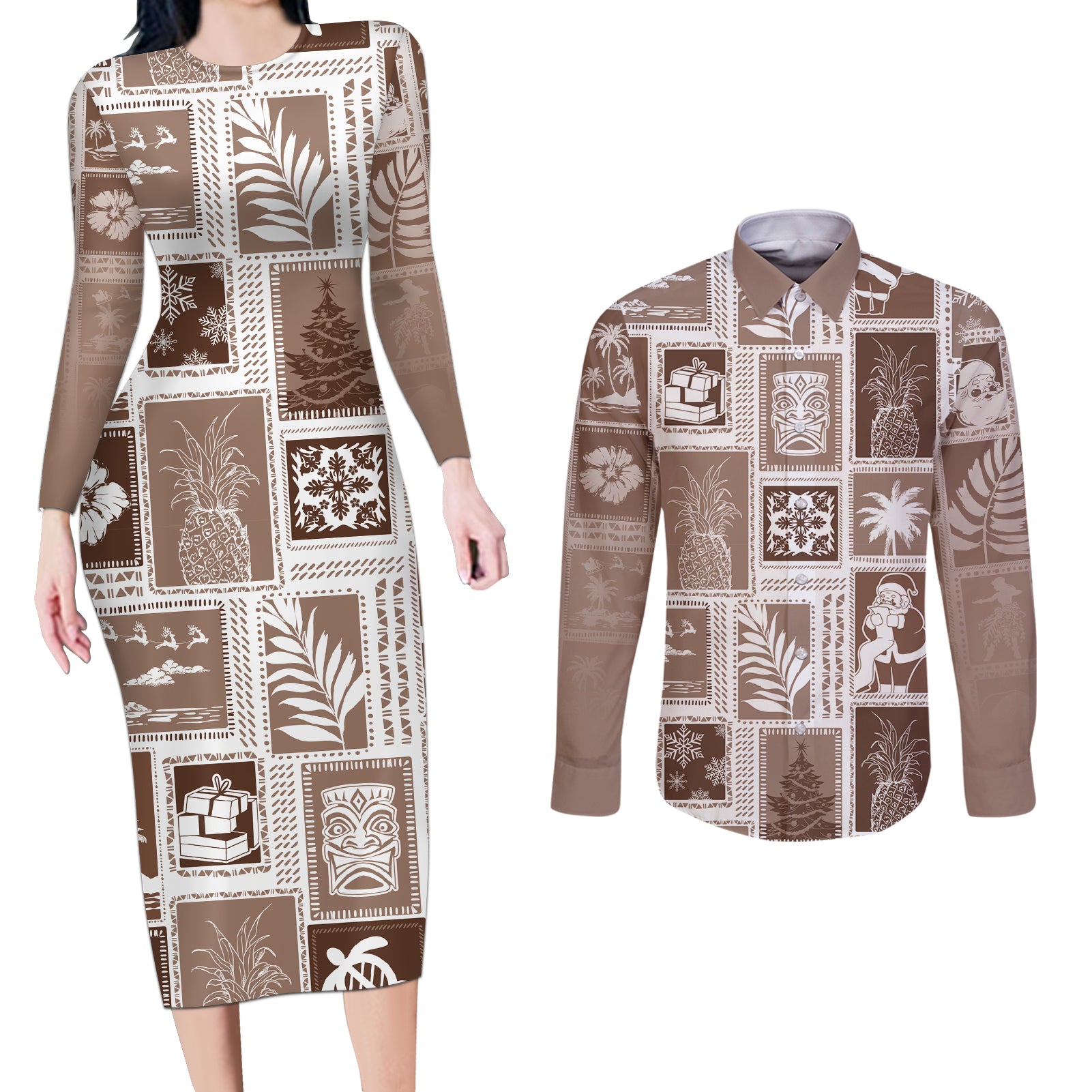 Hawaii Christmas Retro Patchwork Couples Matching Long Sleeve Bodycon Dress and Long Sleeve Button Shirt Brown LT7 Brown - Polynesian Pride