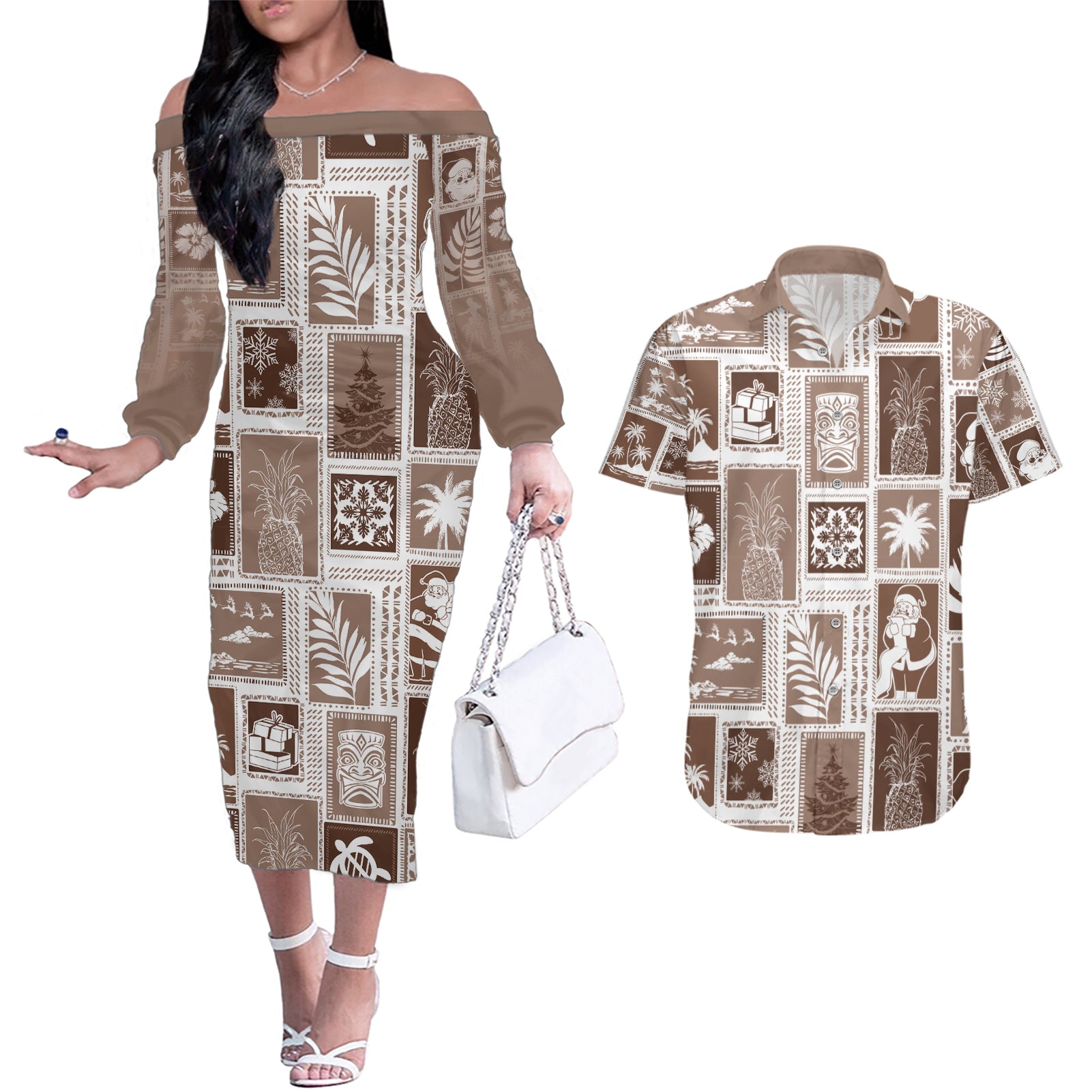 Hawaii Christmas Retro Patchwork Couples Matching Off The Shoulder Long Sleeve Dress and Hawaiian Shirt Brown LT7 Brown - Polynesian Pride