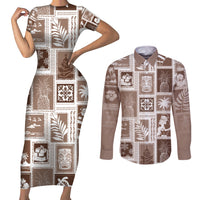 Hawaii Christmas Retro Patchwork Couples Matching Short Sleeve Bodycon Dress and Long Sleeve Button Shirt Brown LT7 Brown - Polynesian Pride