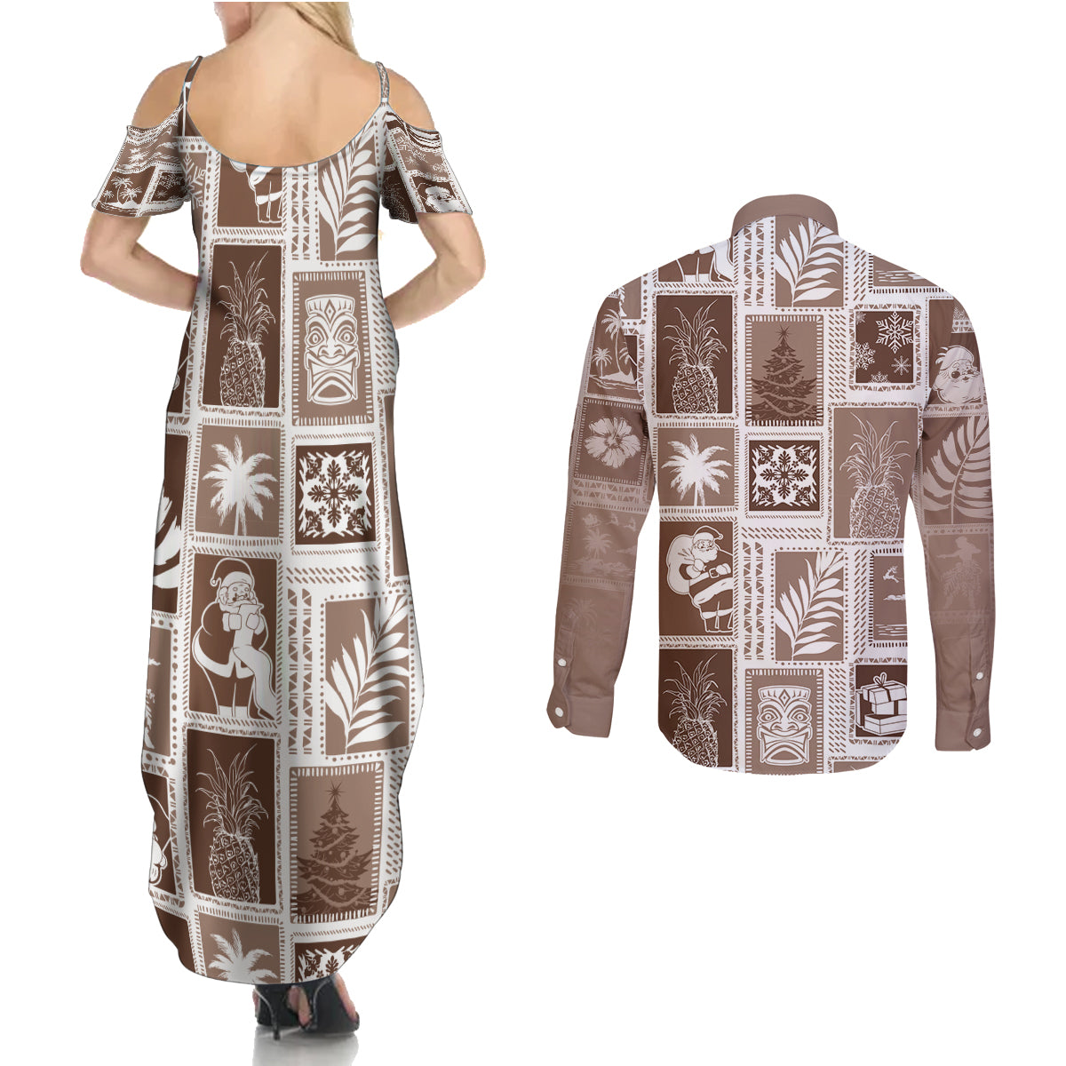 Hawaii Christmas Retro Patchwork Couples Matching Summer Maxi Dress and Long Sleeve Button Shirt Brown LT7 - Polynesian Pride