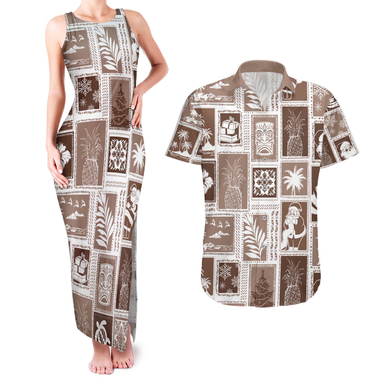 Hawaii Christmas Retro Patchwork Couples Matching Tank Maxi Dress and Hawaiian Shirt Brown LT7 Brown - Polynesian Pride