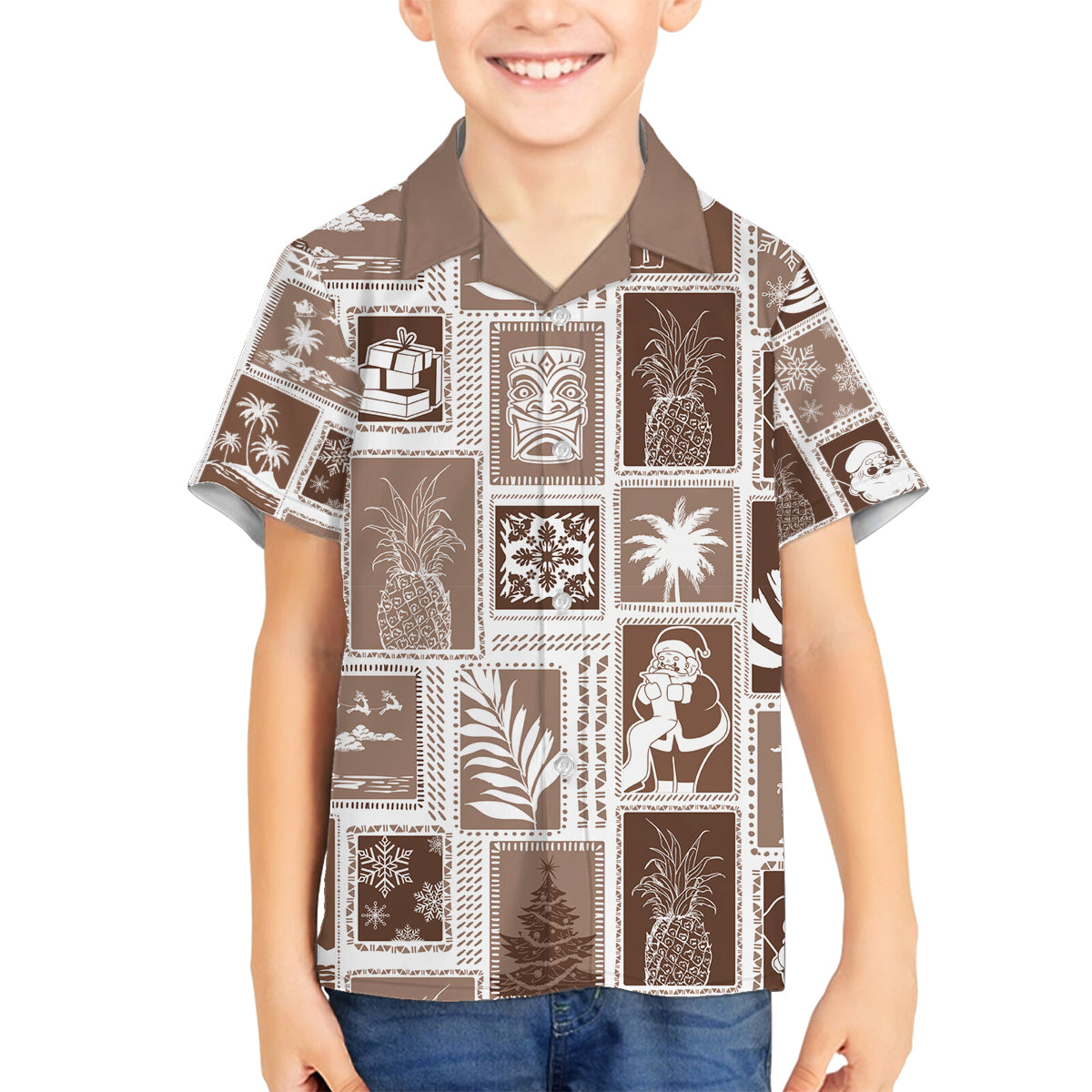 Hawaii Christmas Retro Patchwork Family Matching Off Shoulder Maxi Dress and Hawaiian Shirt Brown LT7 Son's Shirt Brown - Polynesian Pride