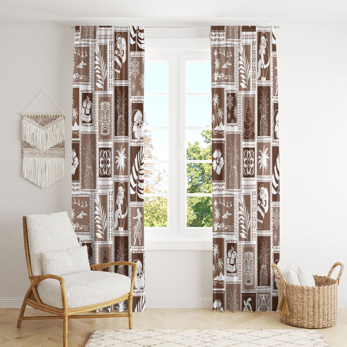 Hawaii Christmas Retro Patchwork Window Curtain Brown LT7 - Polynesian Pride